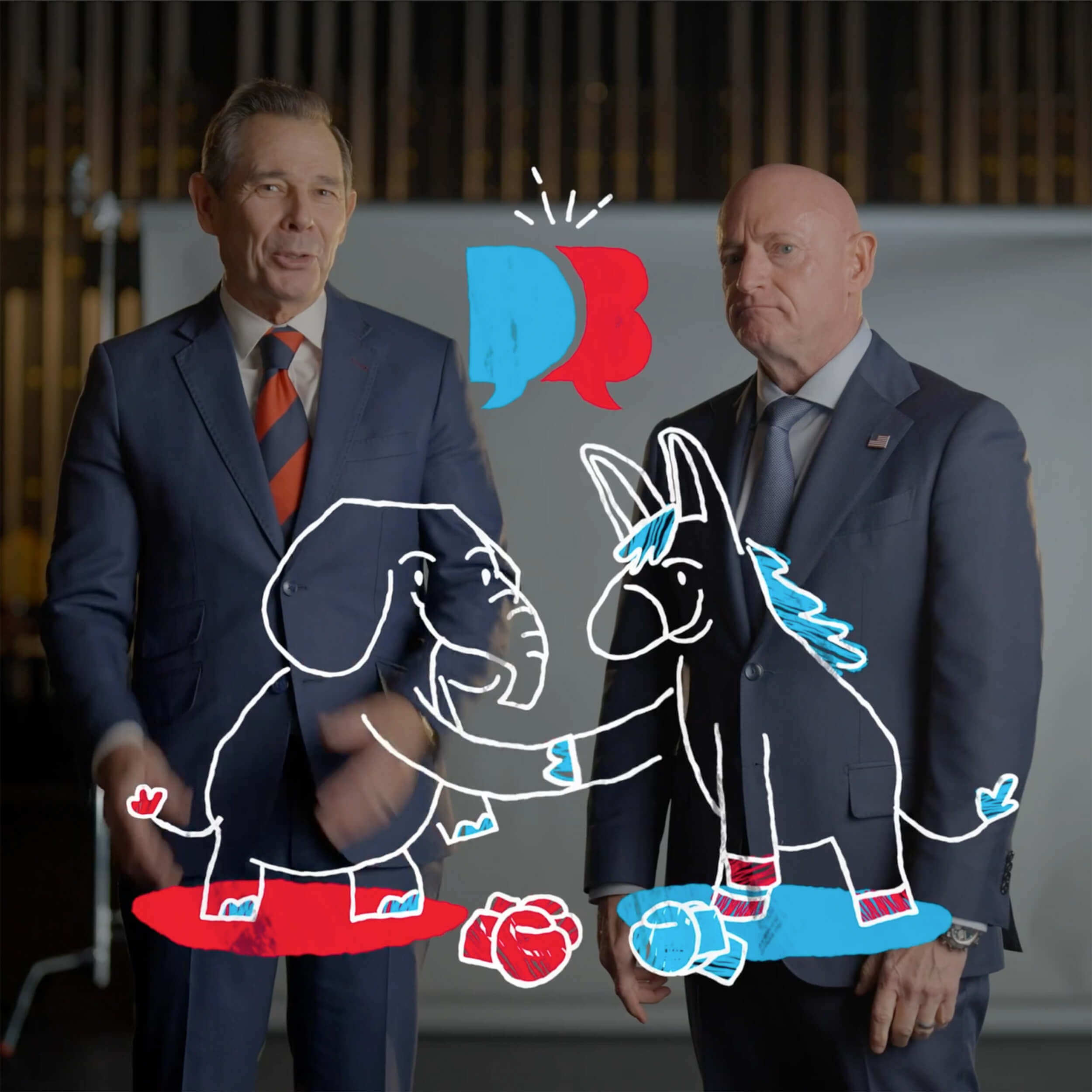 A republican and democratic governor in front of a backdrop with and illustration of an elephant and a donkey shaking hands.