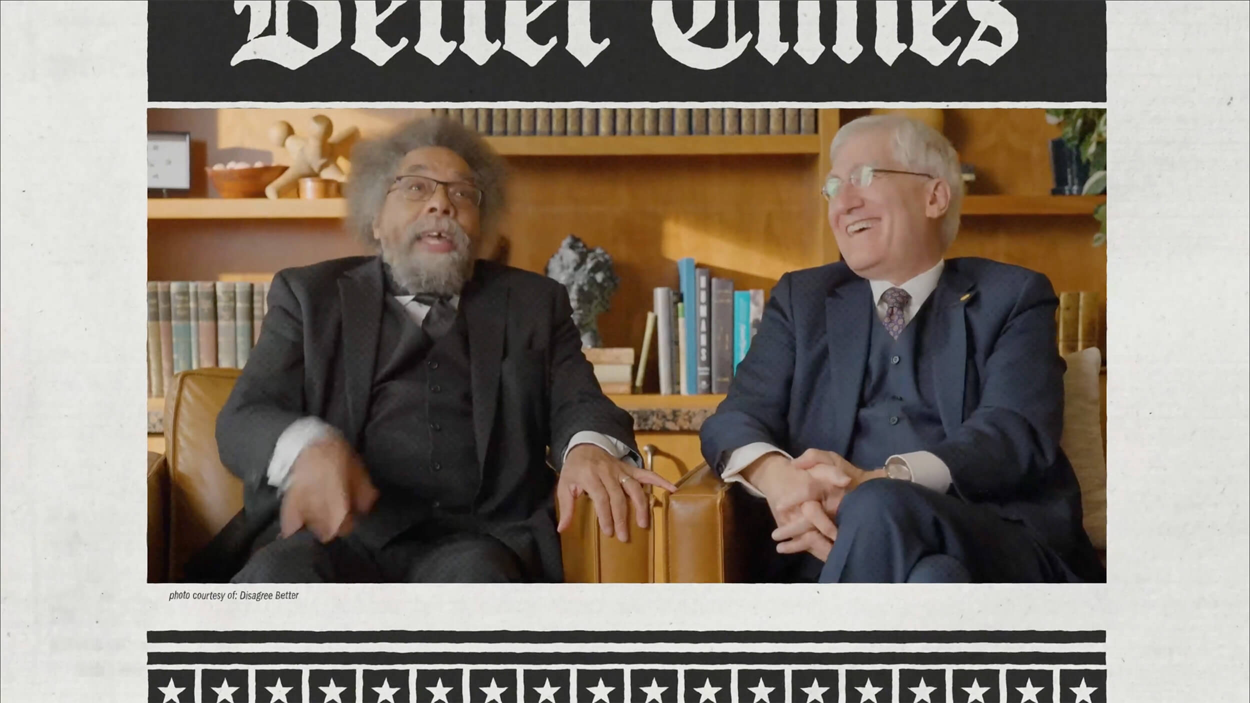 A stylized newspaper titled "Better Times" with a picture of two colleagues laughing together in an office.