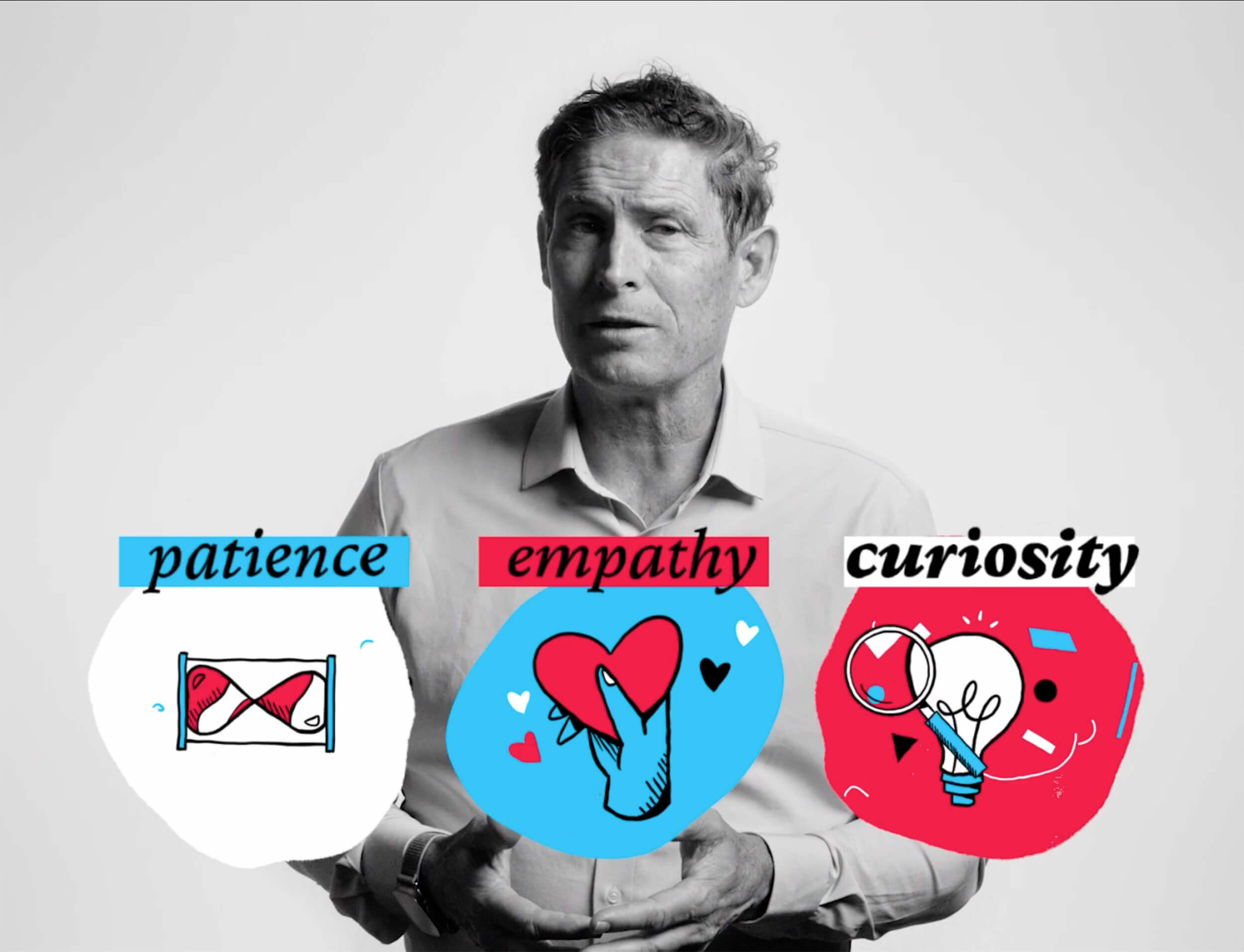 Steve Young with illustrations of patience, empathy, and curiosity drawn in front of him.