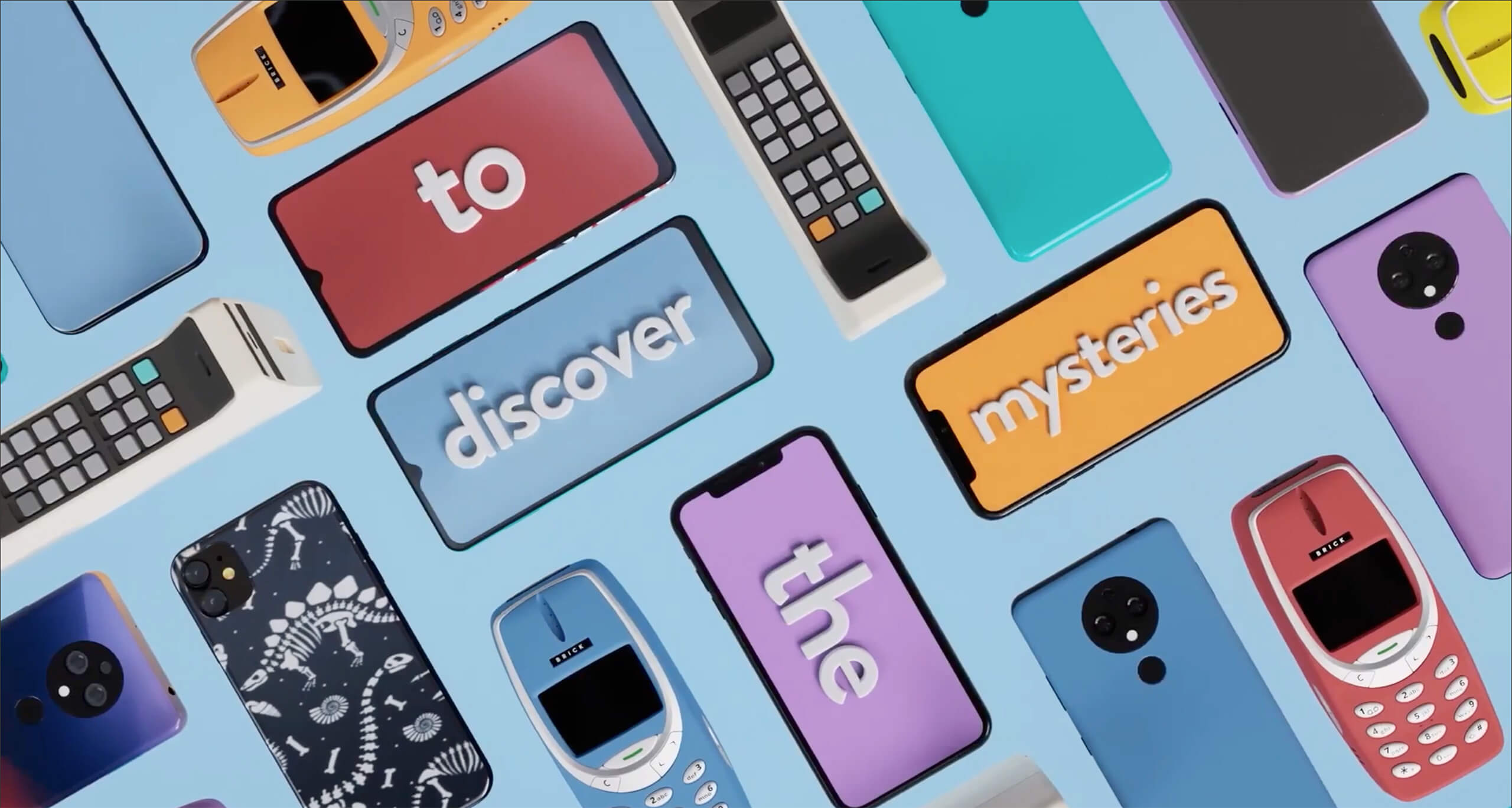 An image of multiple mobile phones displaying the phrase "to discover the mysteries."