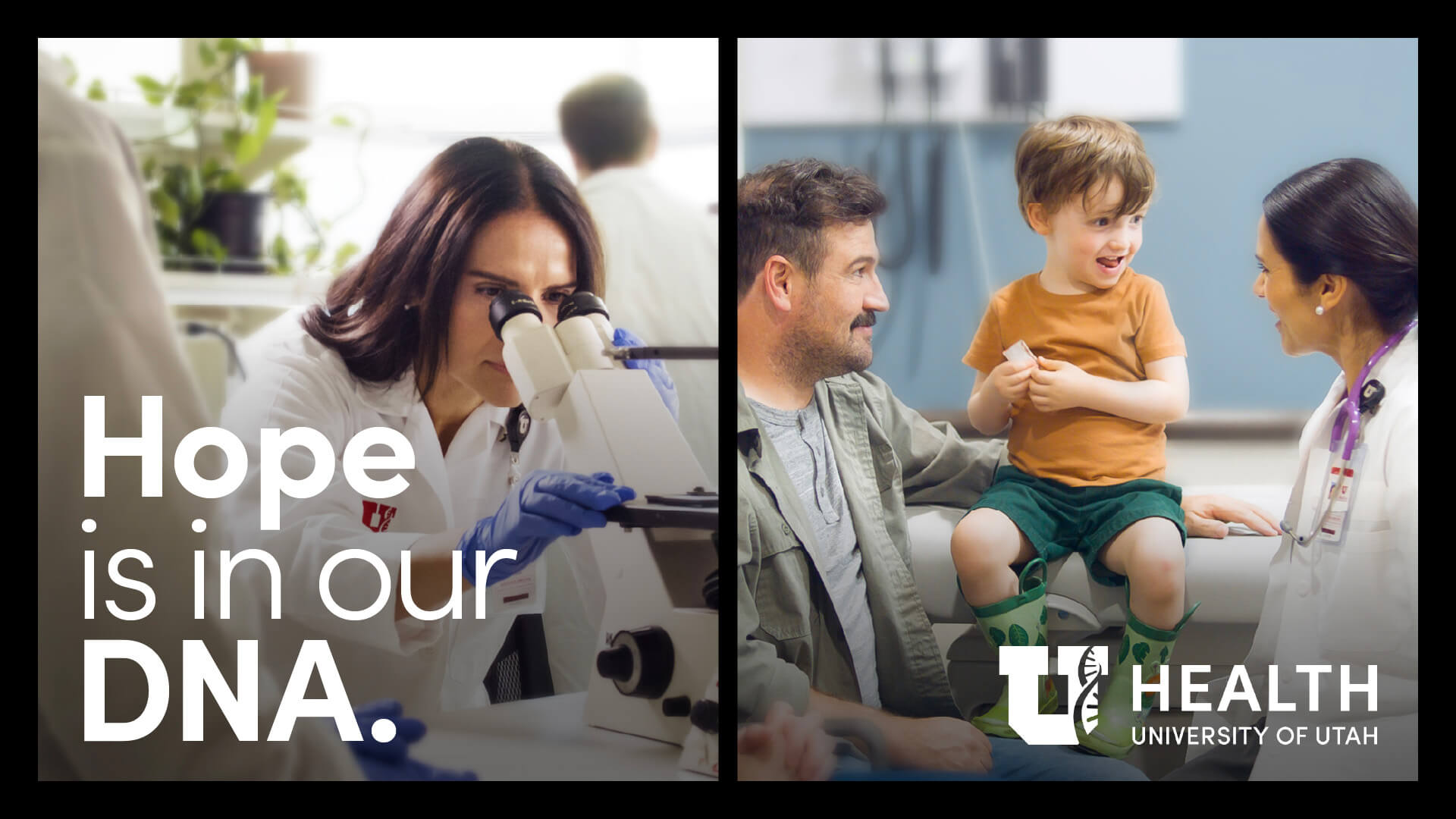 Two images: on the left is a doctor looking into a microscope. On the right is the same doctor visiting with a family.