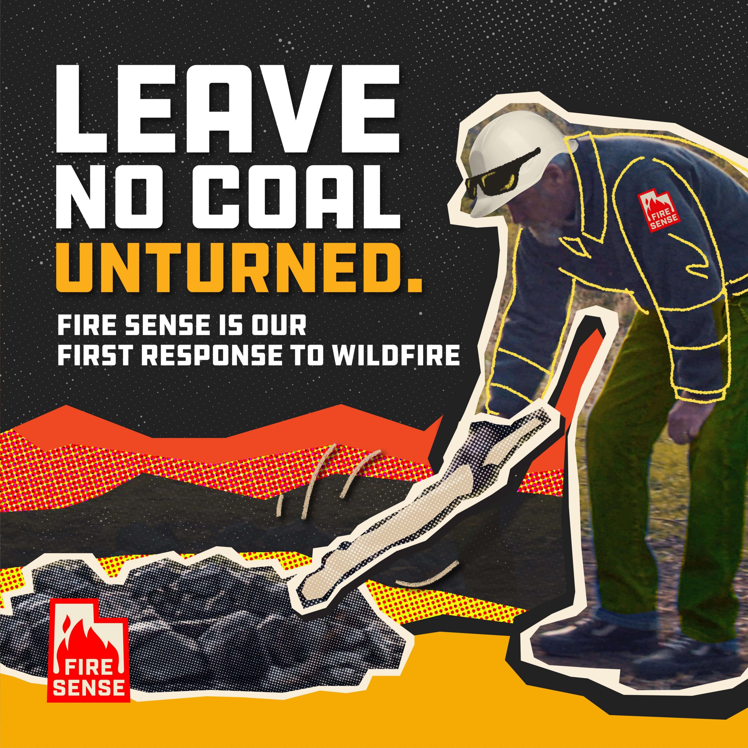 A social media image saying "Leave no coal unturned" with an image of a person stirring a campfire.