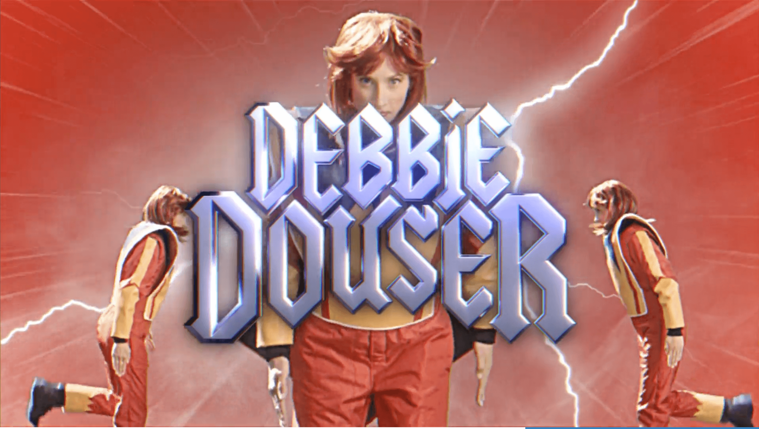 A thumbnail for a video about Debbie Douser showing a superhero woman in front of lightning.