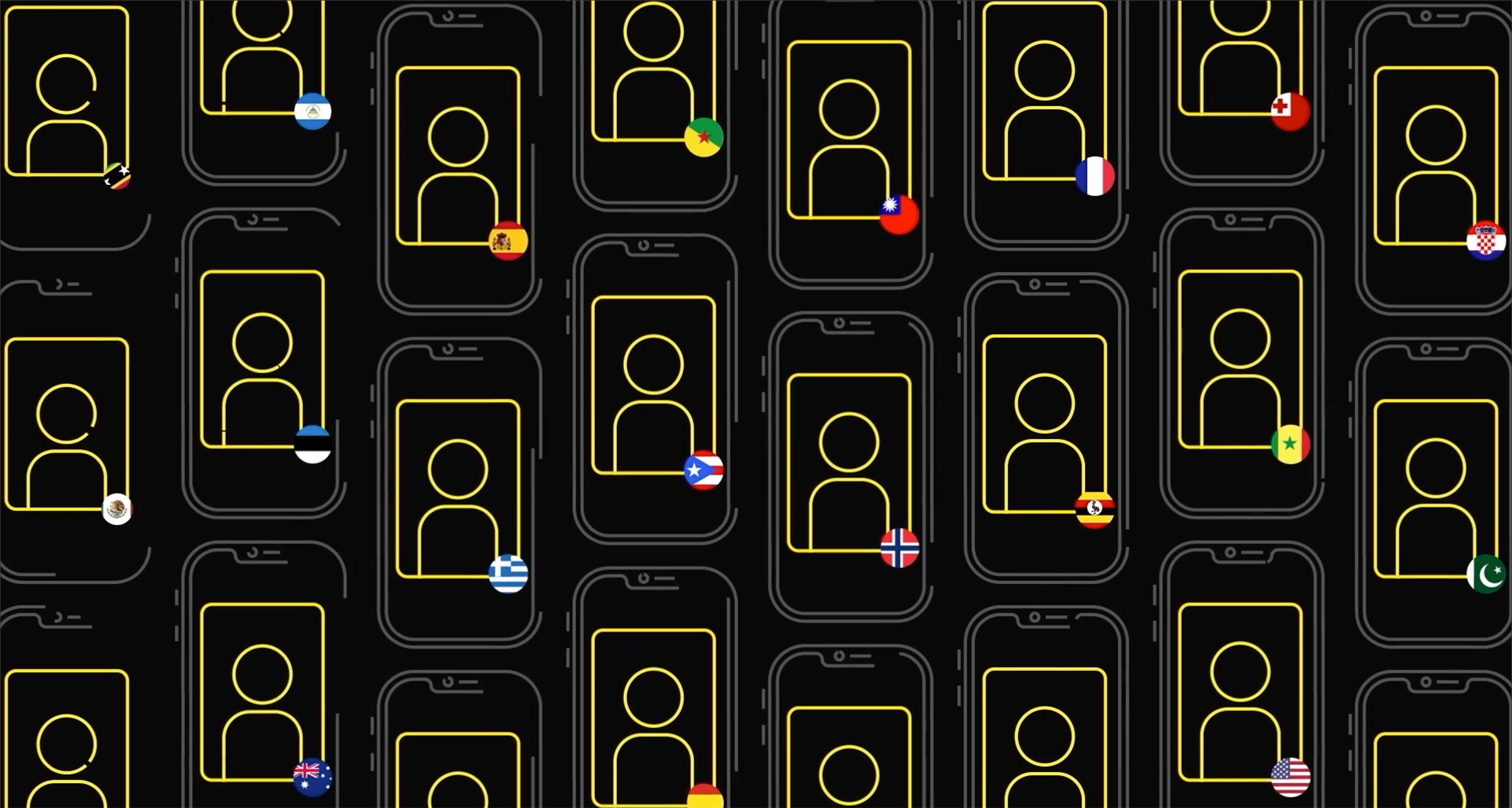 A stylized image of multiple mobile phones from different countries.
